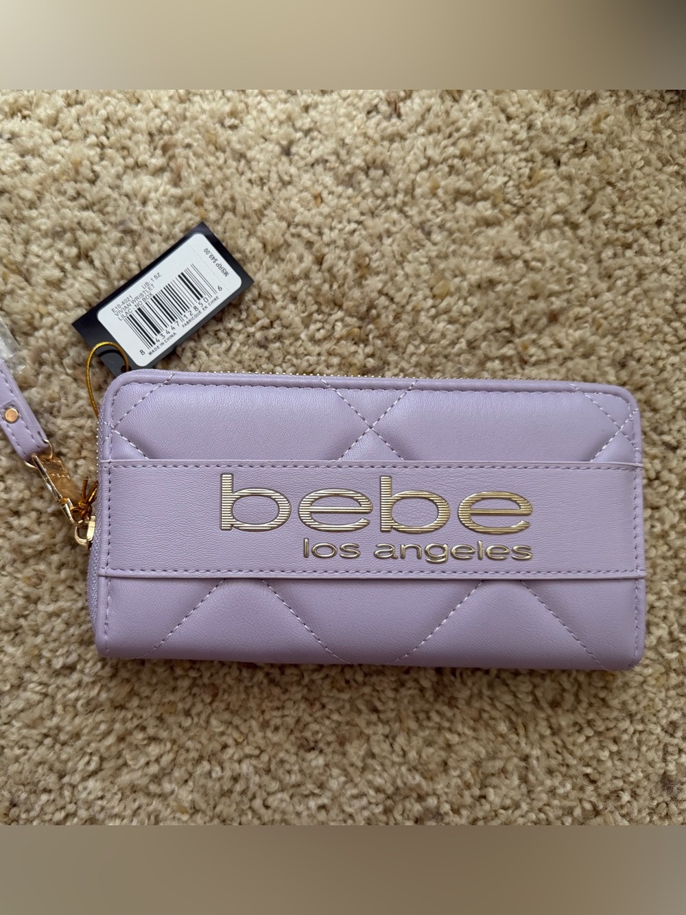 bebe Quilted Lavender Wristlet Wallet with Gold Logo